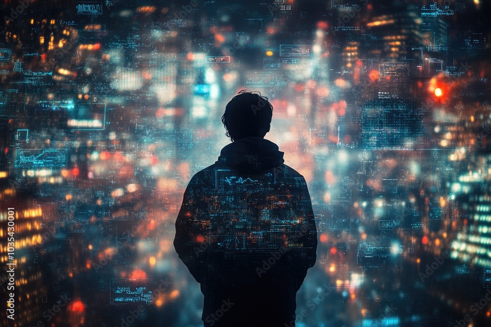 Fototapeta premium Businessman analyzing hologram of night cityscape with data and charts