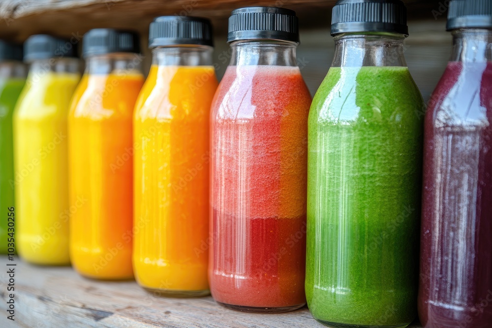 Colorful smoothies standing in bottles on a wooden surface Colorful smoothies standing in bottles on a wooden surface