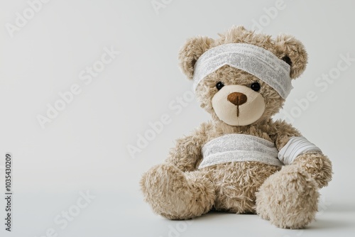 A teddy bear with a bandaged head