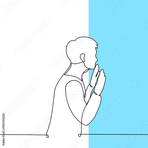 man standing in front of a wall looking through with both palms up - one line art vector. metaphor Obstacles, Search for clarity, feeling of isolation, frustration