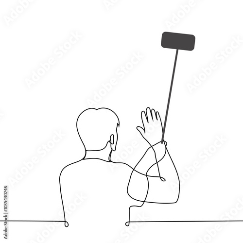 man standing waving at camera of his phone holding it on selfie stick - one line art vector. concept vlogger or blogger making content, man communicating via video link, live broadcast