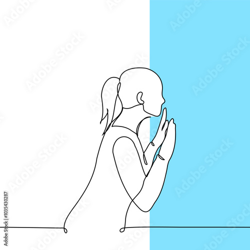 woman standing in front of a wall looking through with both palms up - one line art vector. metaphor Obstacles, inaccessible place, impossible dreams, Search for clarity,  isolation, frustration