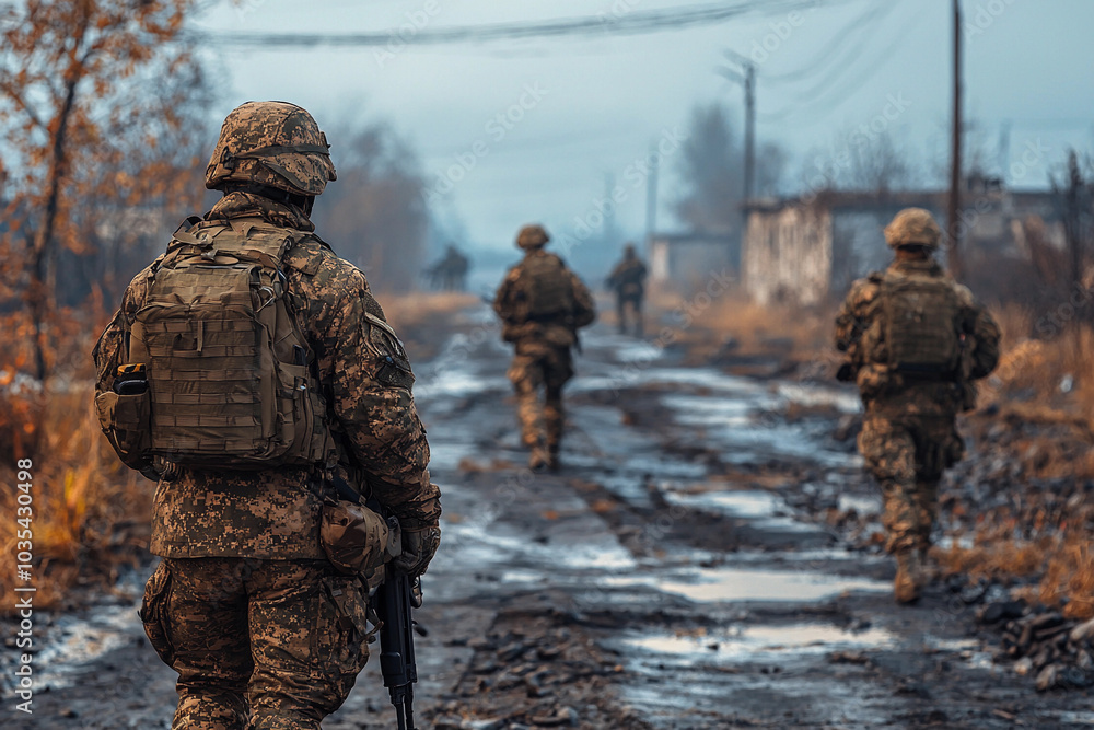 Soldiers patrolling a muddy road in a war-torn area during twilight Soldiers patrolling a muddy road in a war-torn area during twilight