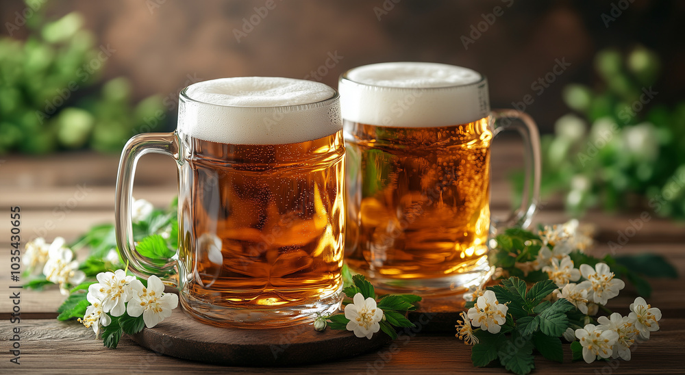 Glasses of beer on a wooden stand, green hops and a checkered plaid on a wooden table with space for text, created with Generative AI technology Glasses of beer on a wooden stand, green hops and a checkered plaid on a wooden table with space for text, created with Generative AI technology