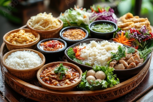 Asian food platter being served on tabletop for dinner meal