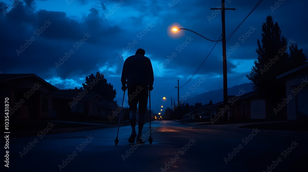 Man on crutches walking down a street at night Man on crutches walking down a street at night