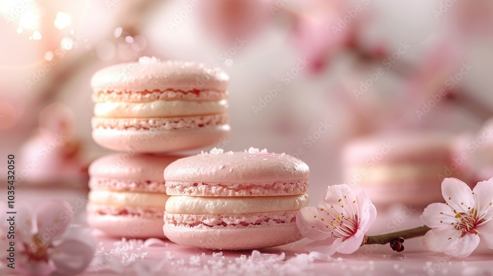 Pink macarons with delicate floral accents, perfect for a springtime celebration or dessert photography. Pink macarons with delicate floral accents, perfect for a springtime celebration or dessert photography.