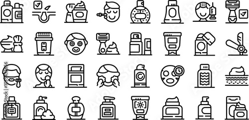 Cosmetic men icons set. Men taking care of their skin with beauty products icons set. Line style