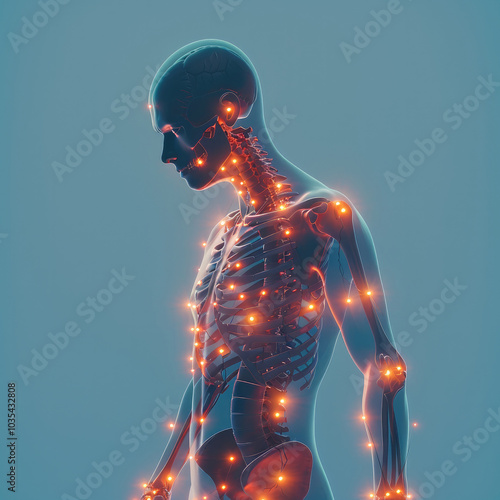 a male human figure with joint pain. Red glowing areas surrounding each bone in his body against a blue background.