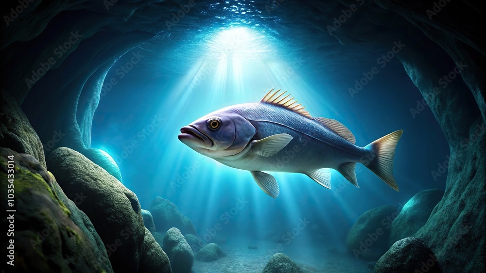 Naklejka premium Low angle view of mysterious glowing fish in dark underwater cave abyss