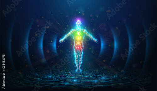 Abstract illustration of colorful chakras glow over human body silhouette made of glowing neon particles. Blue geometric background depicting meditation, yoga and health care concept