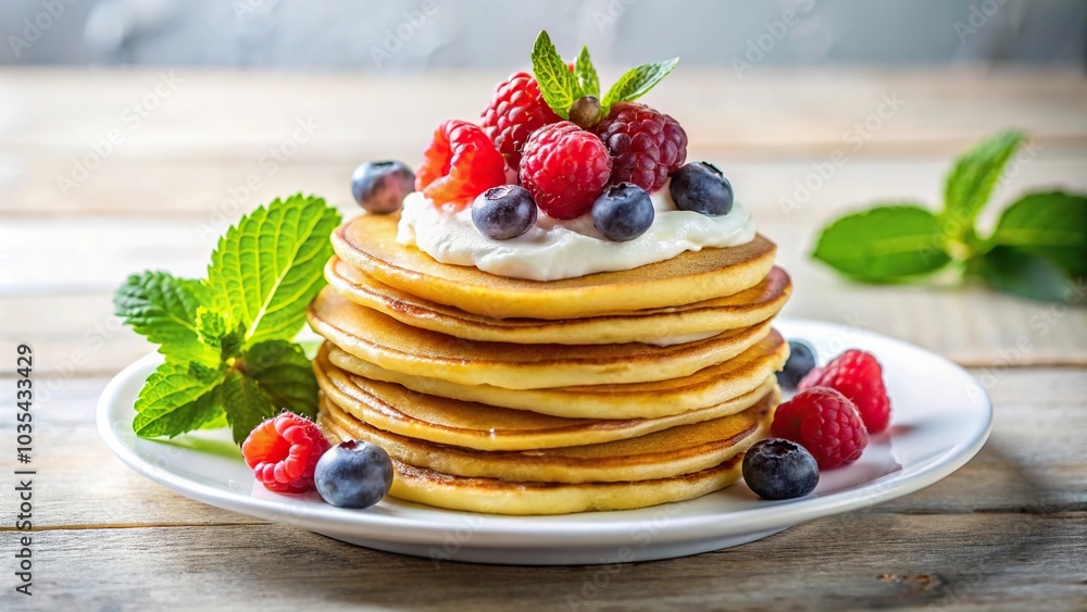 Low angle view of pancakes with berries, mint leaves, cream on plate in bright daylight Low angle view of pancakes with berries, mint leaves, cream on plate in bright daylight