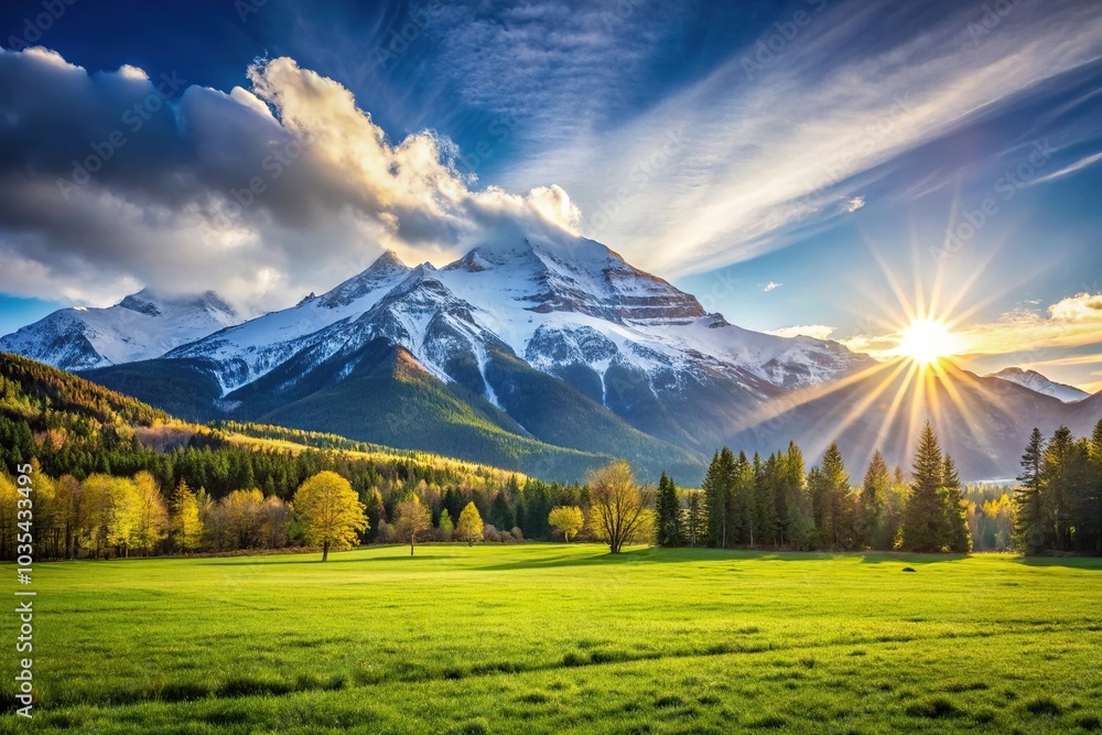 Obraz premium Low angle view of peaceful pasture with snow-capped mountainside bathed in sunlight