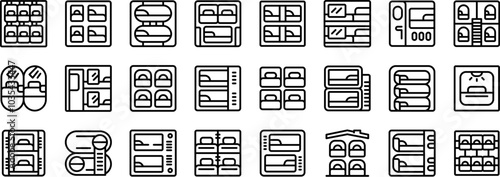 Capsule hotel icons set. Capsule hotel icons set in line style, showing compact sleeping pods for budget travelers