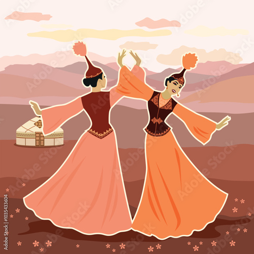 Vector illustration. Two beautiful young women dancing in Kazakh national costume on a background of ornaments and traditional Kazakh symbols. A postcard for Nauryz or Mother's Day