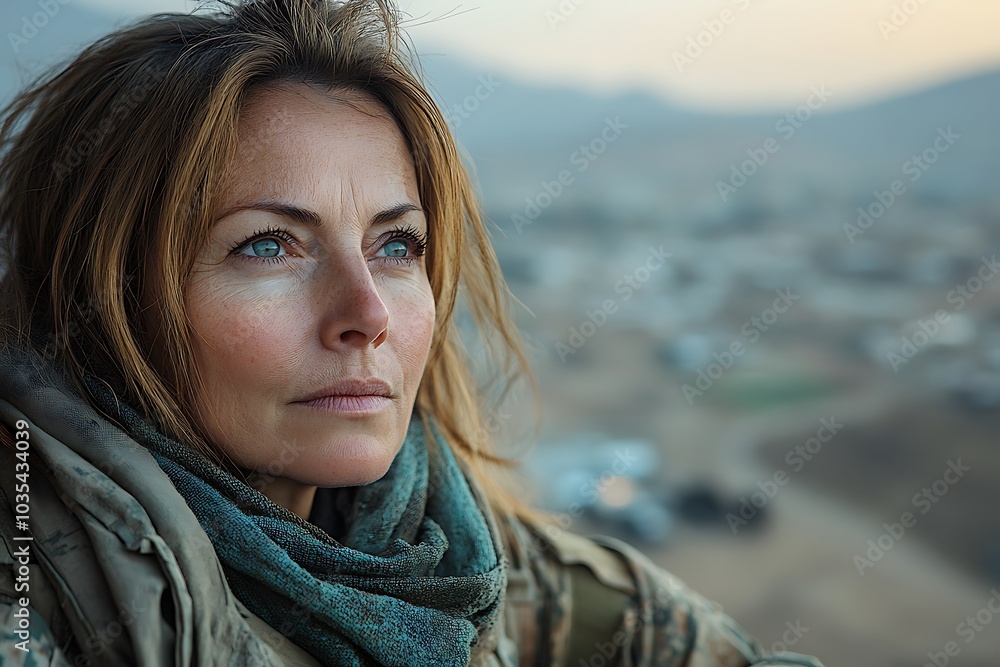 Portrait of a female soldier in a war zone Portrait of a female soldier in a war zone