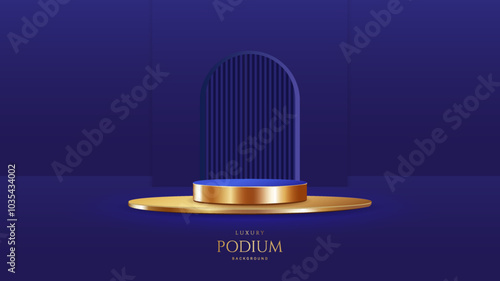 Realistic 3d golden empty podium on blue background. Elegant stage design for product demonstration and marketing promotion, advertising, banner, poster. Vector illustration.