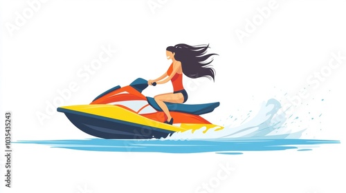 Artistic illustration of jetski in water. Flat vector. Summer tropical sports.