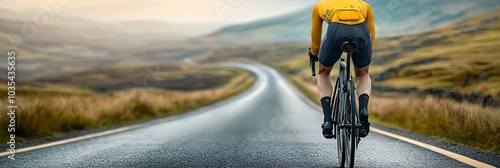 Back view of a lone cyclist on a scenic road with only their torso and bicycle visible showcasing the dynamic motion and minimalist focus on the activity of riding through the natural environment photo