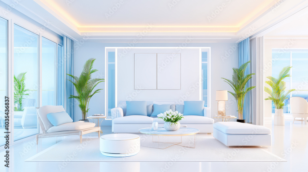 Fototapeta premium modern living room featuring light blue color scheme, large windows, and elegant furniture. space is bright and airy, enhanced by indoor plants and stylish decor, creating serene atmosphere