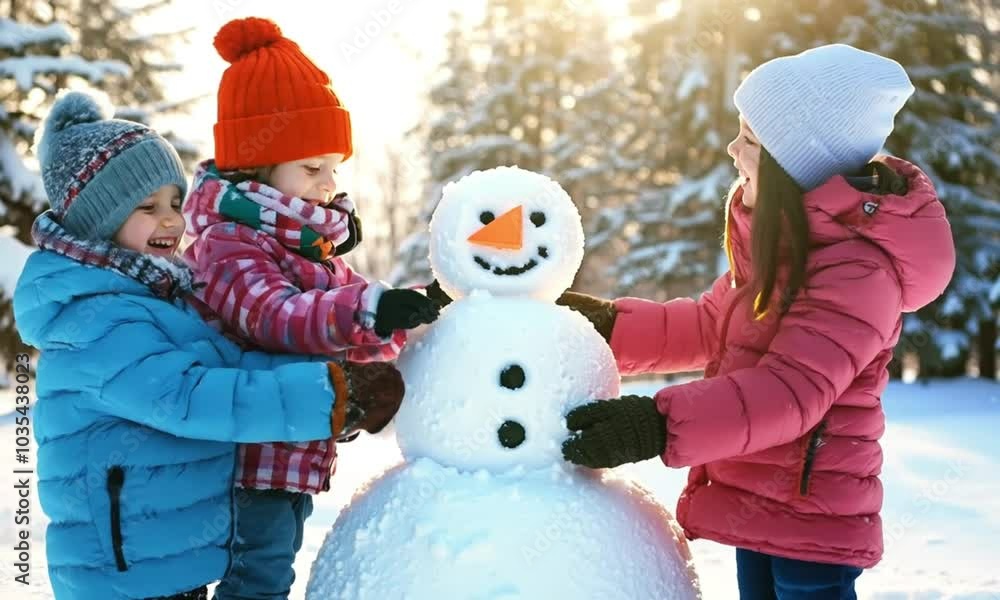 Happy Children Building a Snowman Together in a Snowy Winter Park, Joyful Holiday Scene with Warm Clothing and Smiles Happy Children Building a Snowman Together in a Snowy Winter Park, Joyful Holiday Scene with Warm Clothing and Smiles