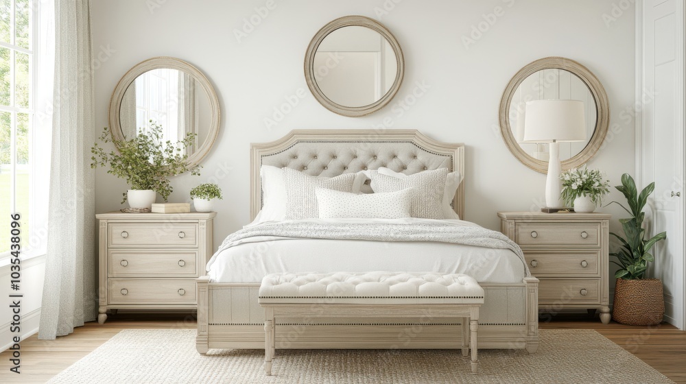 Classic White Bedroom with Symmetrical Mirrors and Soft Decor Classic White Bedroom with Symmetrical Mirrors and Soft Decor