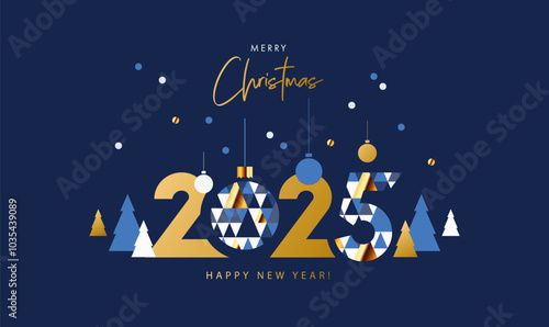 Merry Christmas and Happy New Year banner, greeting card, poster, holiday cover. Modern Xmas design in geometric style with triangle pattern, Christmas tree, ball, snow and 2025 number on night blue 