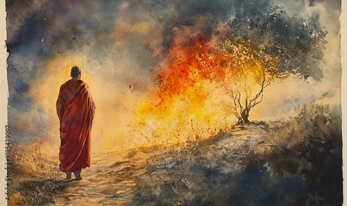 Watercolor painting of Moses in front of the burning bush, Generative AI
