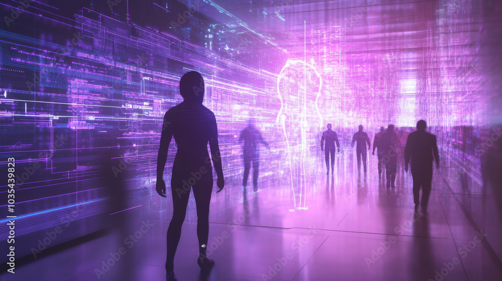 3D illustration of a virtual human set against a business and learning technology backdrop, representing the learning process 3D illustration of a virtual human set against a business and learning technology backdrop, representing the learning process