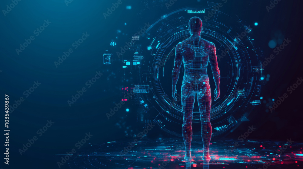 3D illustration of a virtual human set against a business and learning technology backdrop, representing the learning process 3D illustration of a virtual human set against a business and learning technology backdrop, representing the learning process