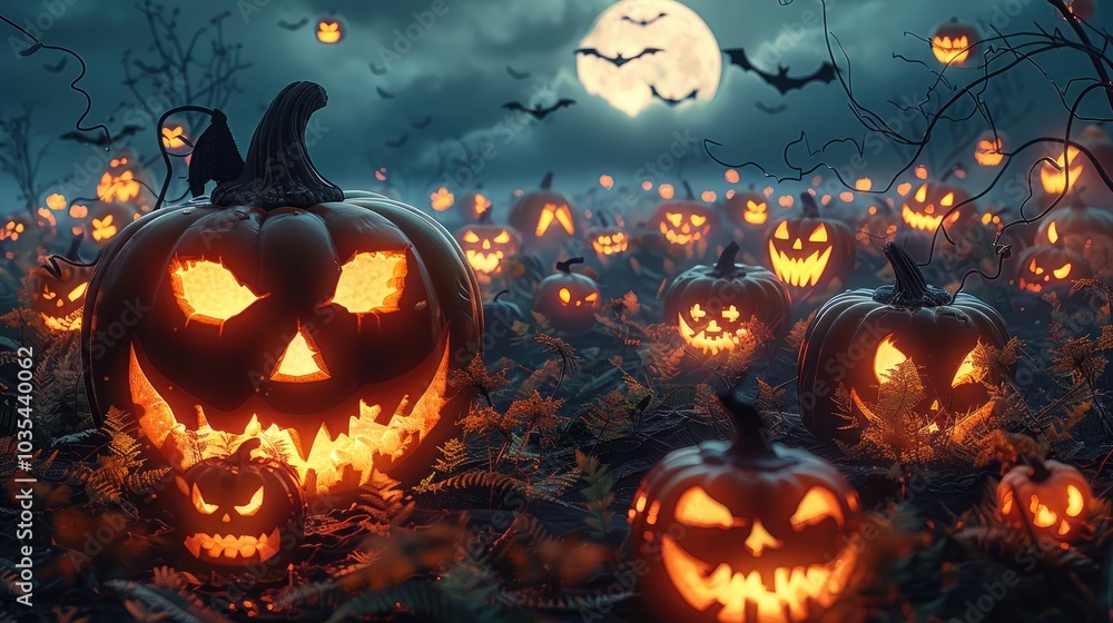 Spooky pumpkin patch at midnight, filled with Jack-o-lanterns of various sizes and expressions. Their carved grins glow with an unsettling orange light. 3D illustration. Spooky pumpkin patch at midnight, filled with Jack-o-lanterns of various sizes and expressions. Their carved grins glow with an unsettling orange light. 3D illustration.
