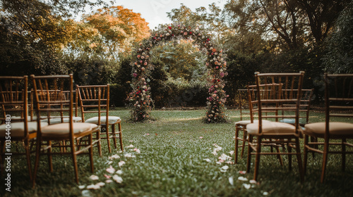 Wedding ceremony aisle featuring a floral and greenery arch, complemented by elegant chairs on lush green grass. Set in a backyard venue