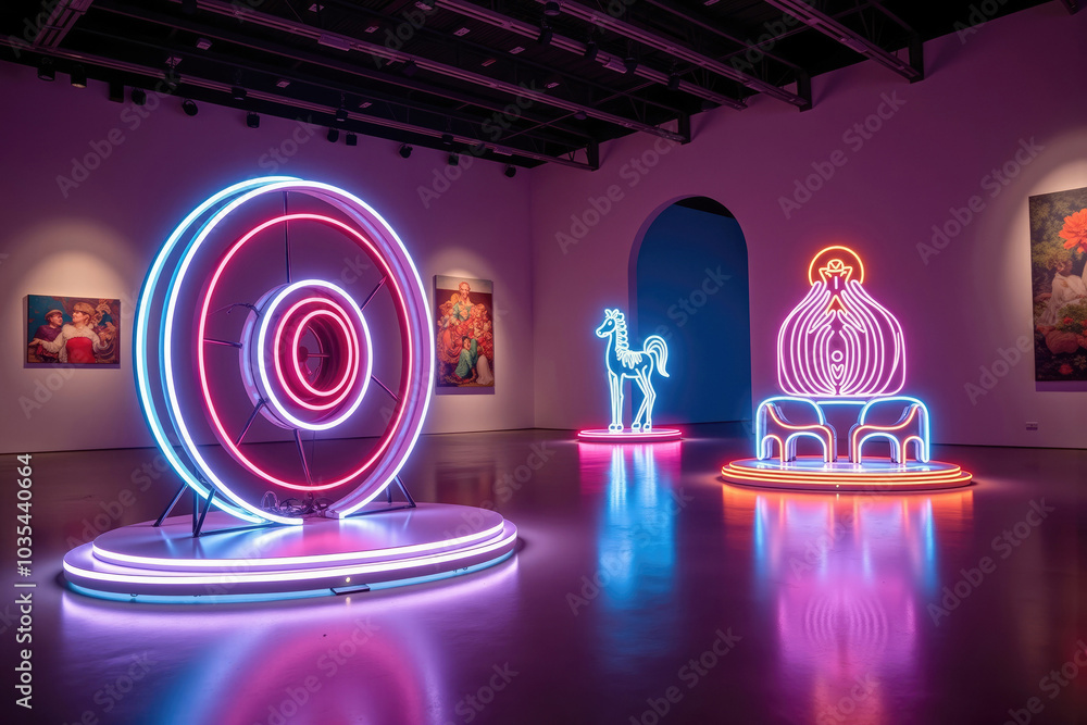 Fototapeta premium Neon lights sculptures glowing in dark exhibition hall