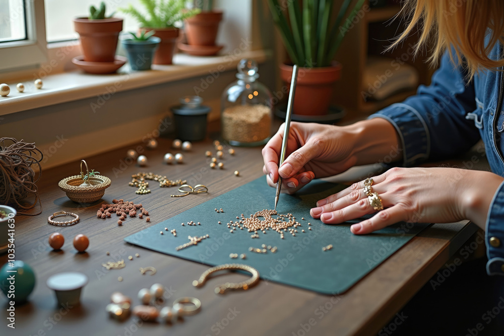 Jewelry designer arranging gold beads on a desk by the window Jewelry designer arranging gold beads on a desk by the window