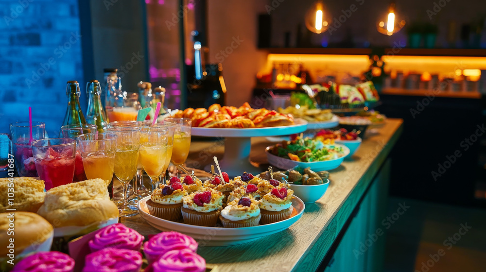 A welcoming buffet featuring a selection of snacks, sandwiches, cupcakes, and a variety of alcoholic beverages.
A welcoming buffet featuring a selection of snacks, sandwiches, cupcakes, and a variety of alcoholic beverages.