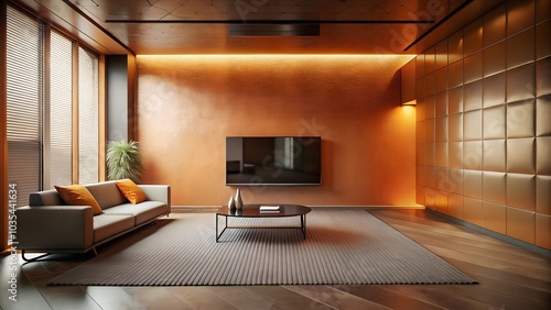 Minimalist interior design of modern entertainment room with metallic orange wall photo