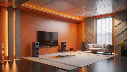 Minimalist interior design of modern entertainment room with metallic orange wall