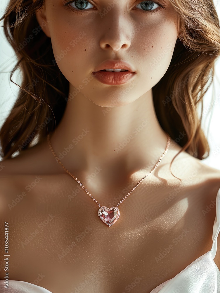 A necklace in the shape of a heart, the pendant is small in heart, shape pink crystal, the chain is a pearl, wear it around the model neck models. A necklace in the shape of a heart, the pendant is small in heart, shape pink crystal, the chain is a pearl, wear it around the model neck models.