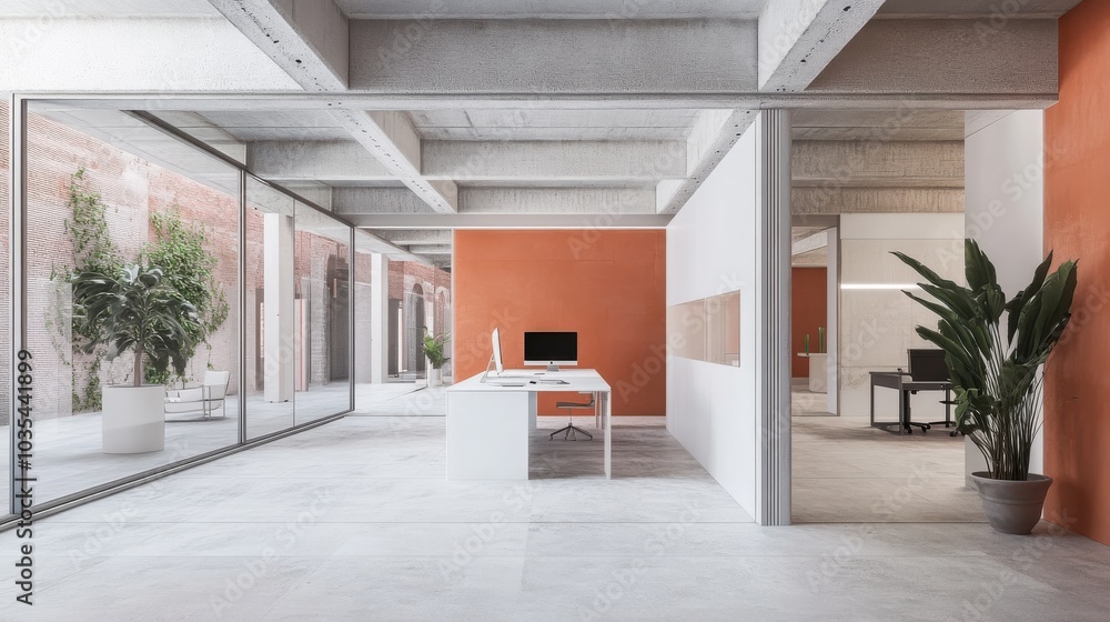 Modern Office with Orange Accent Wall Modern Office with Orange Accent Wall