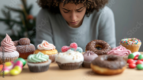 Sad person surrounded by sugary foods, reflecting the struggle between indulgence and emotional well-being, highlighting the complexities of comfort and self-care. photo