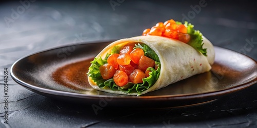 Low angle view of salmon wrap with flying fish roe spicy sauce on black plate photo