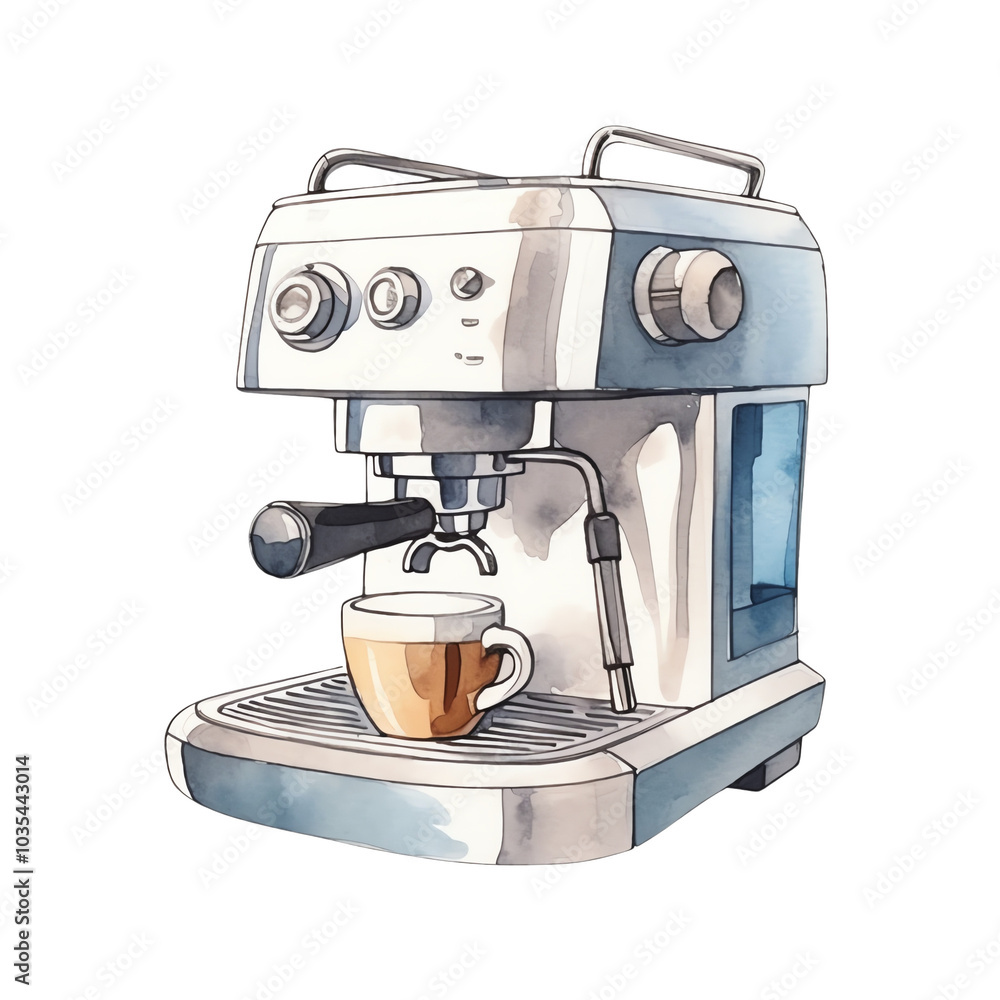 Watercolor illustration of a modern espresso machine brewing coffee, showcasing sleek design and functionality in a kitchen setting. Watercolor illustration of a modern espresso machine brewing coffee, showcasing sleek design and functionality in a kitchen setting.