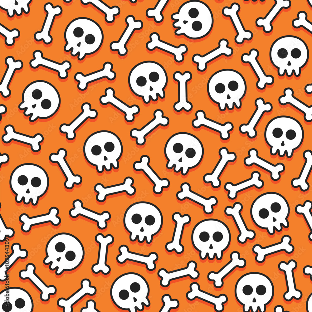 Seamless pattern of white skulls and bones with black outline and shadow on orange background Seamless pattern of white skulls and bones with black outline and shadow on orange background