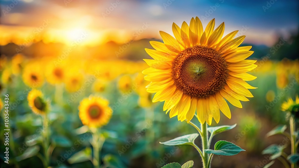 Fototapeta premium Low angle view of sunflower with small flower on blurred background