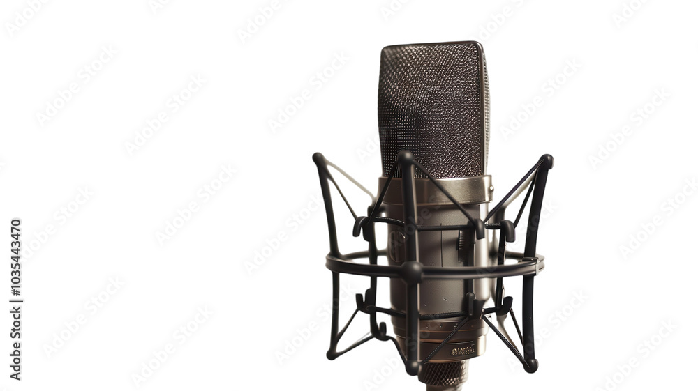 High-Quality Retro Condenser Microphone Isolated on White Background Suitable for Music Production, Recording, and Podcasting Use High-Quality Retro Condenser Microphone Isolated on White Background Suitable for Music Production, Recording, and Podcasting Use