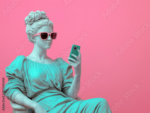 Ancient female statue wearing sunglasses, using a cell phone. Social media retrofuturism background photo