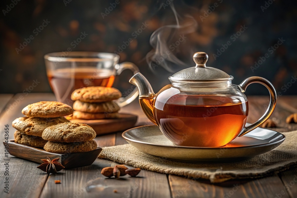 Low angle view of teapot with tea and cookies Low angle view of teapot with tea and cookies