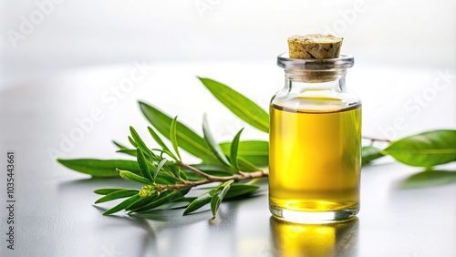 Low angle view of tea tree oil bottle on white background