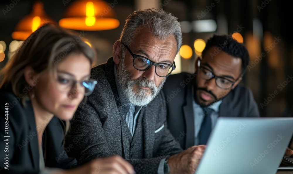 Fototapeta premium Executive viewing proposal on laptop to his colleagues, Generative AI