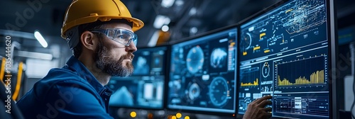 Futuristic industrial control room with multiple large monitors displaying advanced system dashboards and analytics